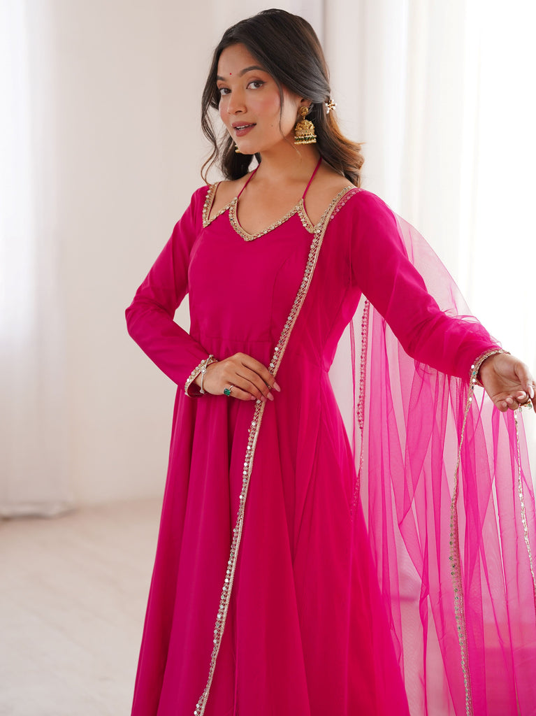 Fantastic Pink Lace Work Georgette Festival Wear Gown With Dupatta