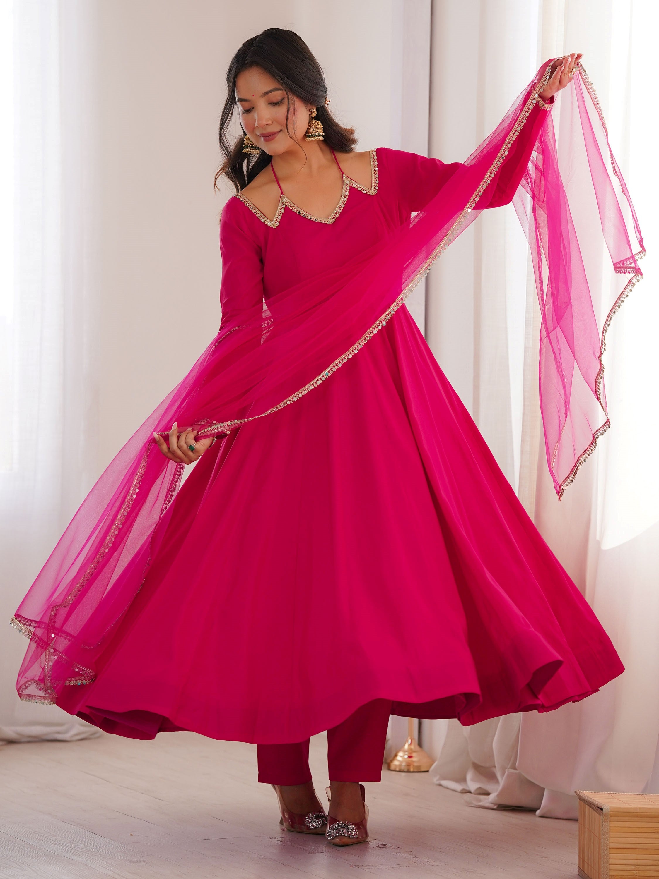 Fantastic Pink Lace Work Georgette Festival Wear Gown With Dupatta