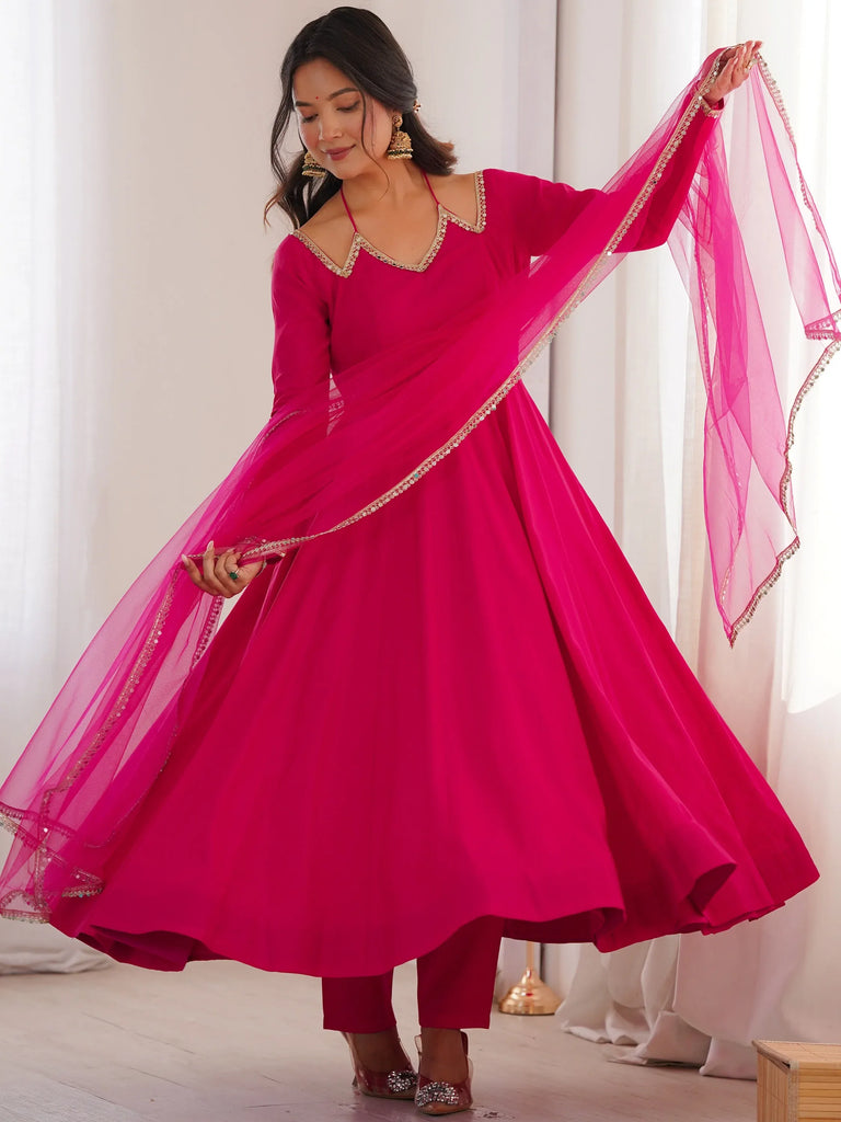 Fantastic Pink Lace Work Georgette Festival Wear Gown With Dupatta