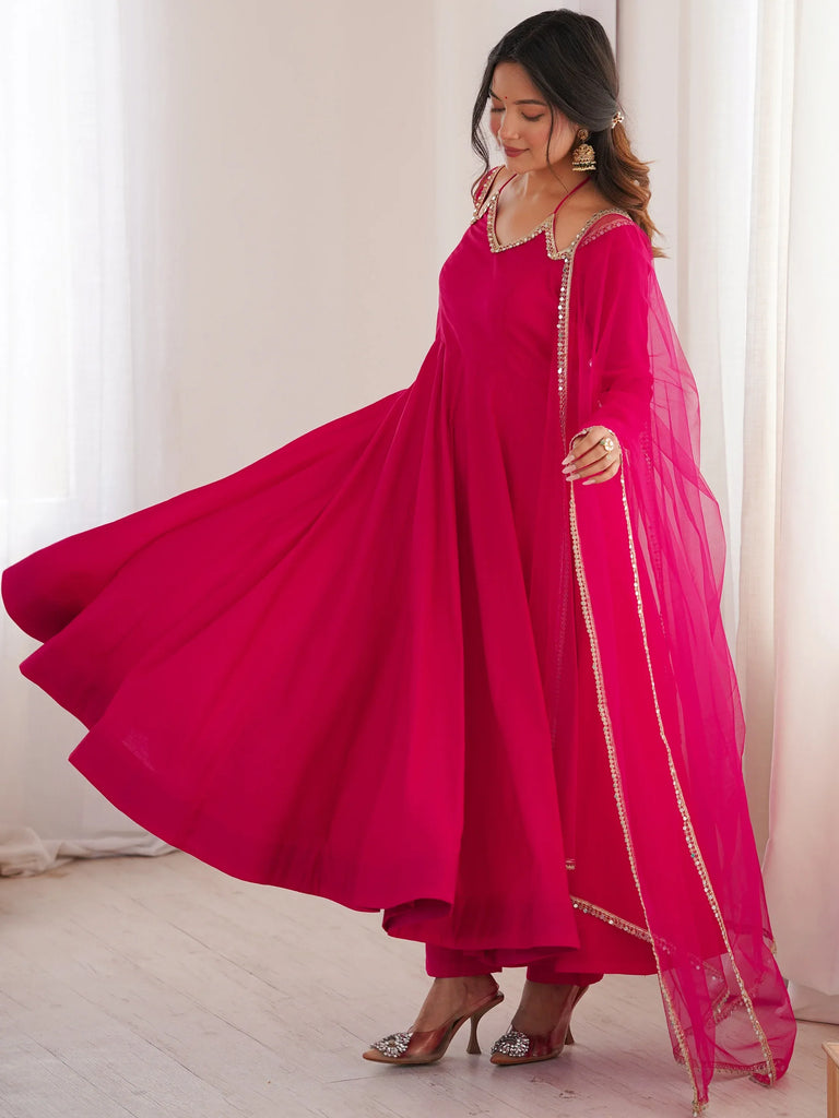 Fantastic Pink Lace Work Georgette Festival Wear Gown With Dupatta