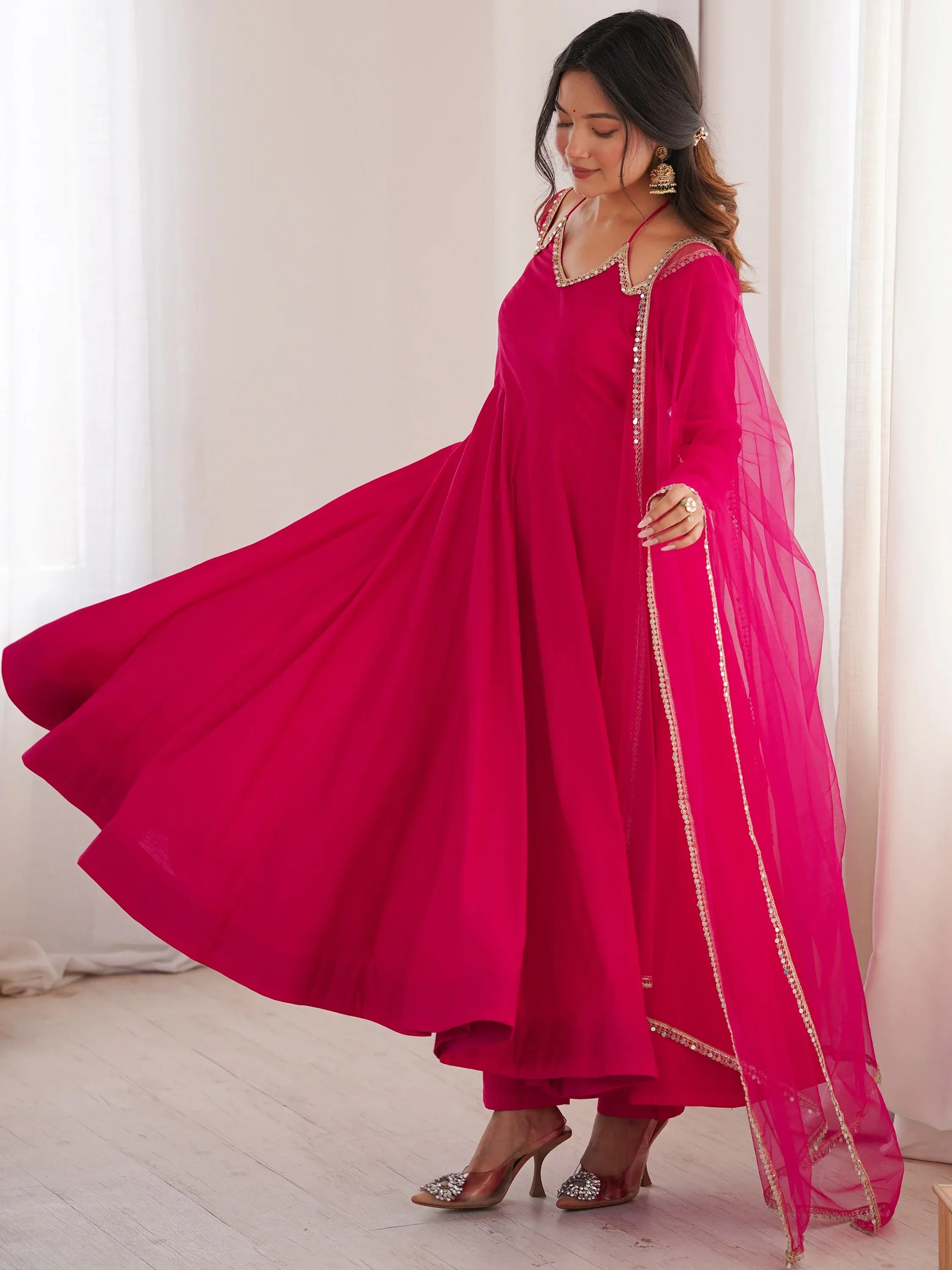 Fantastic Pink Lace Work Georgette Festival Wear Gown With Dupatta