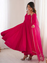 Fantastic Pink Lace Work Georgette Festival Wear Gown With Dupatta