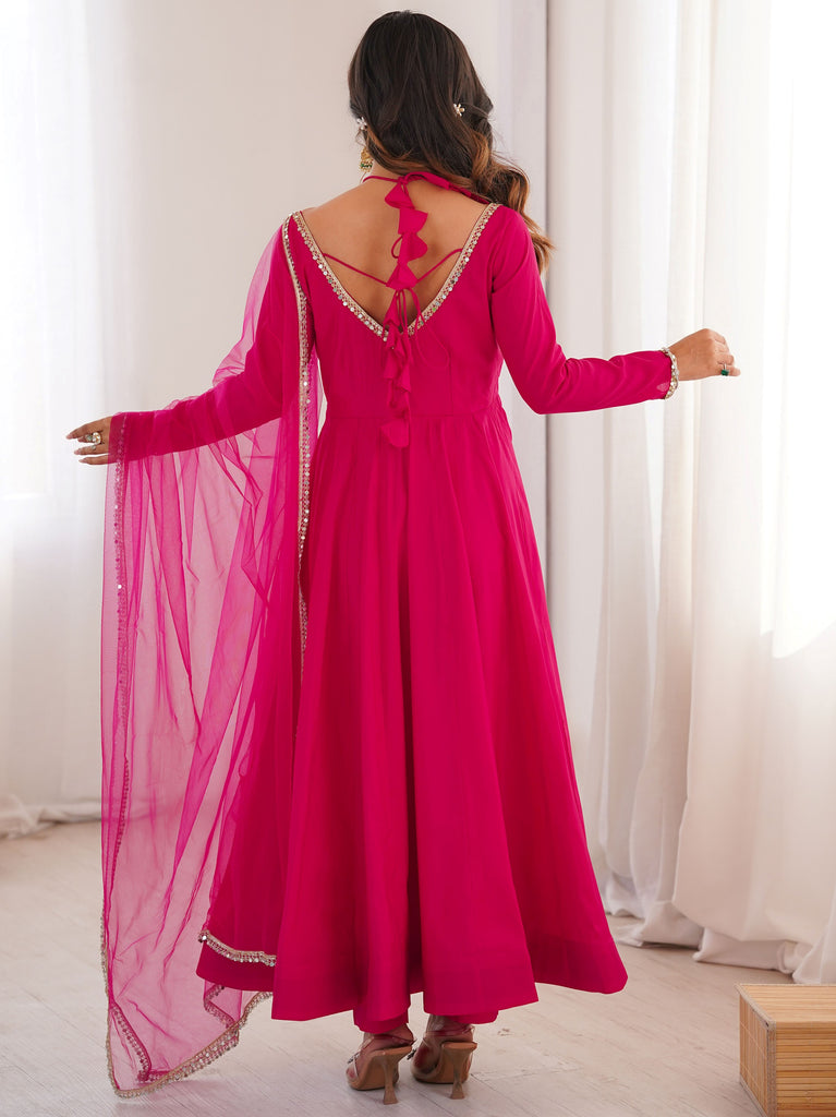 Fantastic Pink Lace Work Georgette Festival Wear Gown With Dupatta