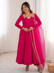Fantastic Pink Lace Work Georgette Festival Wear Gown With Dupatta