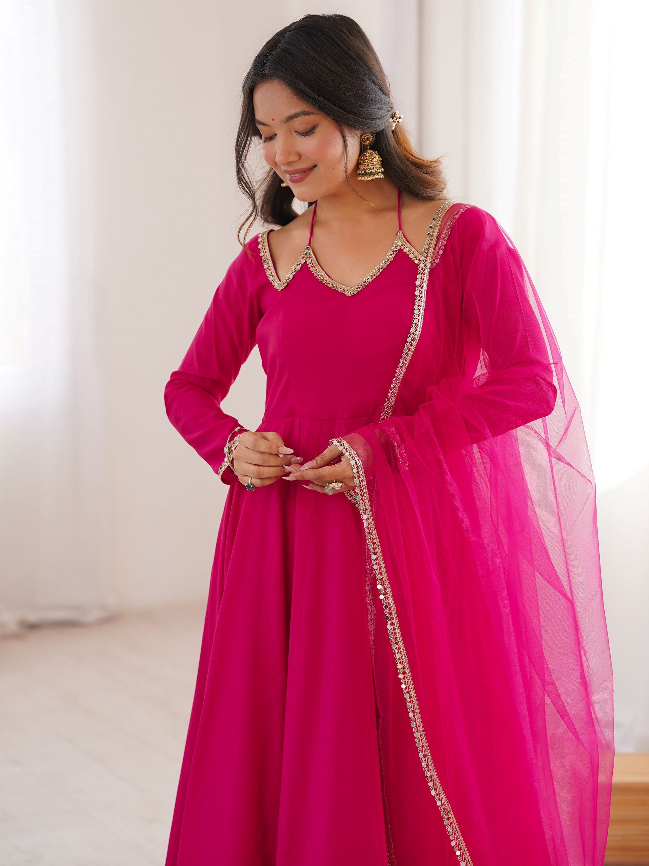 Fantastic Pink Lace Work Georgette Festival Wear Gown With Dupatta