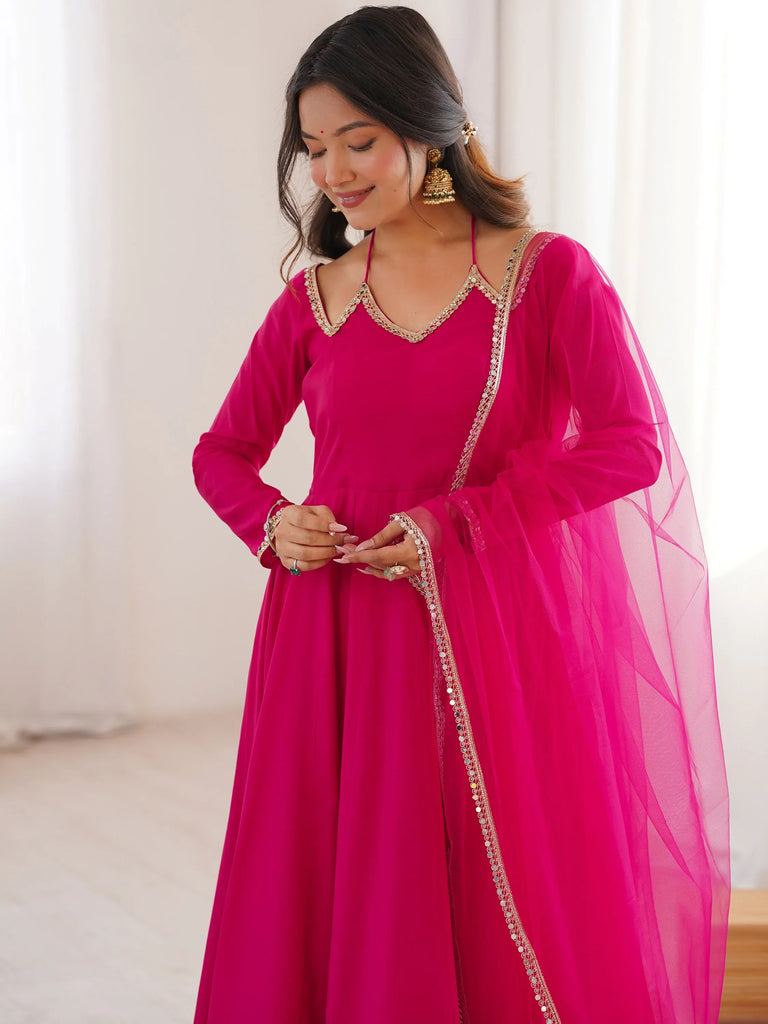 Fantastic Pink Lace Work Georgette Festival Wear Gown With Dupatta