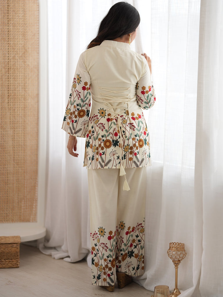 Precious Cream Floral Printed Cotton Festive Wear Pant Suit