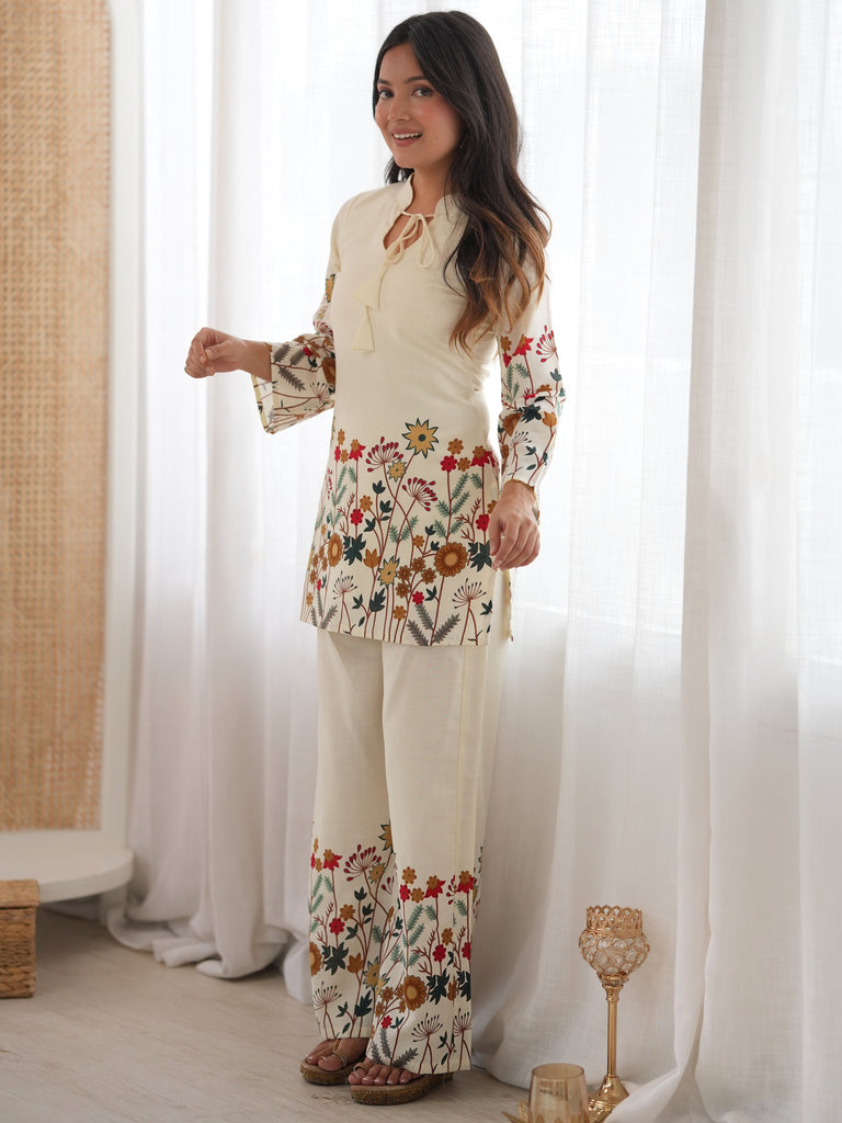 Precious Cream Floral Printed Cotton Festive Wear Pant Suit