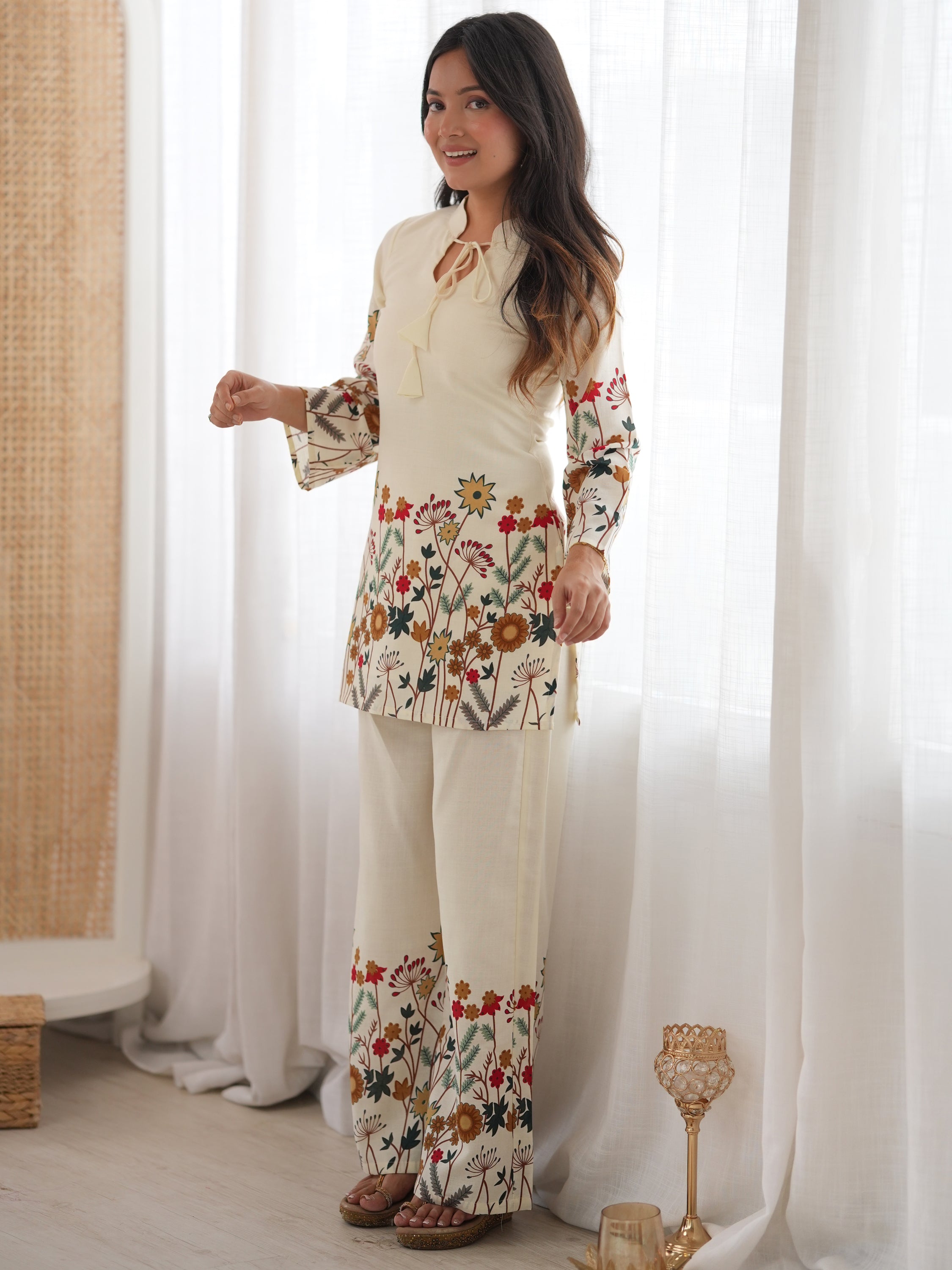 Precious Cream Floral Printed Cotton Festive Wear Pant Suit
