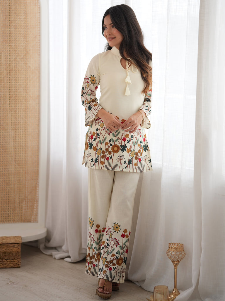 Precious Cream Floral Printed Cotton Festive Wear Pant Suit