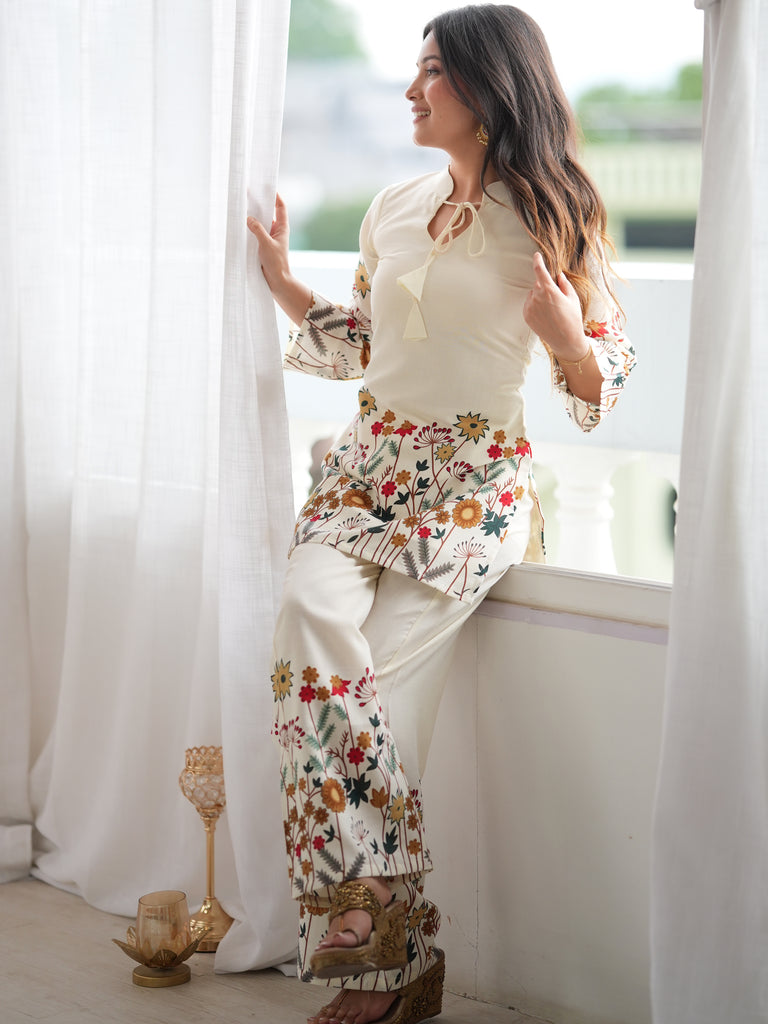 Precious Cream Floral Printed Cotton Festive Wear Pant Suit
