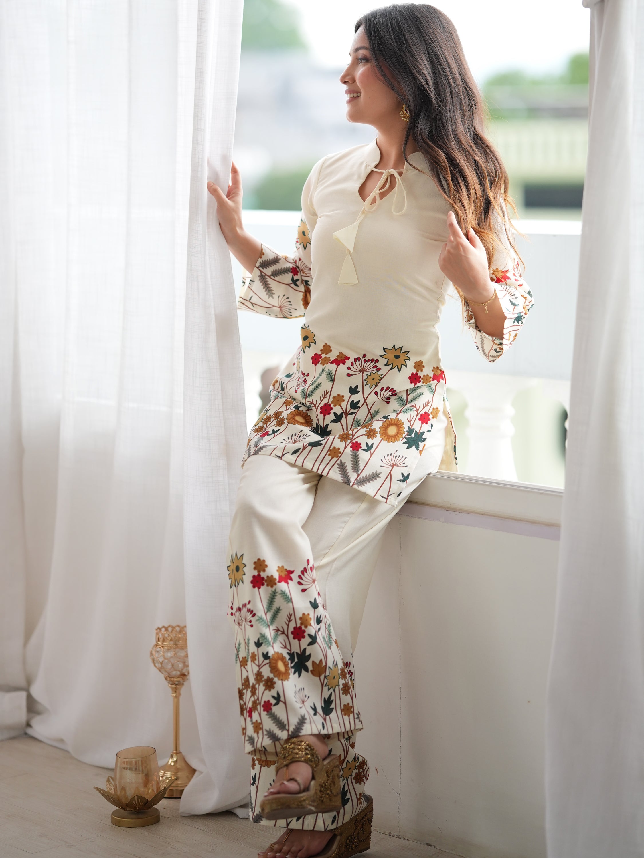 Precious Cream Floral Printed Cotton Festive Wear Pant Suit