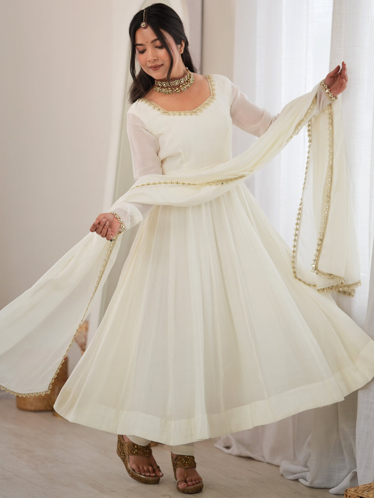 Alluring Off White Mirror Laced Chanderi Festive Wear Anarkali Suit