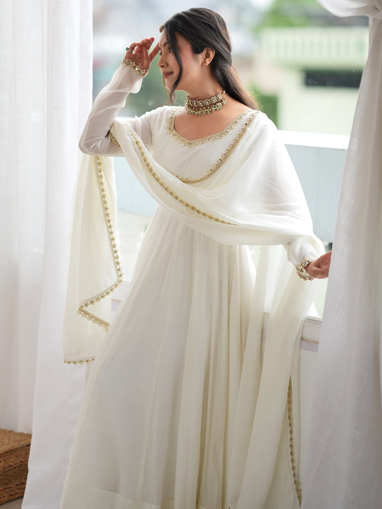 Alluring Off White Mirror Laced Chanderi Festive Wear Anarkali Suit