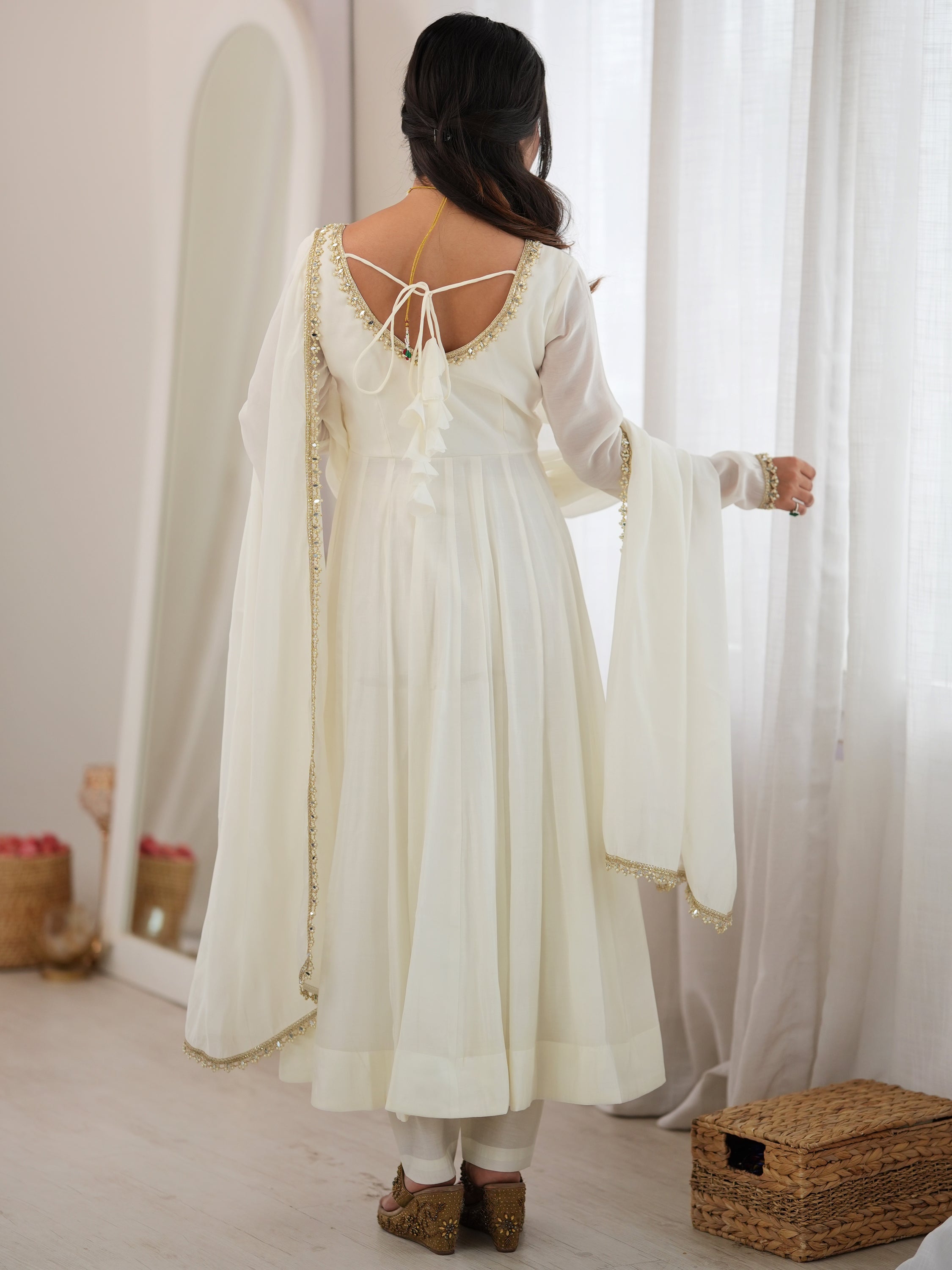 Alluring Off White Mirror Laced Chanderi Festive Wear Anarkali Suit