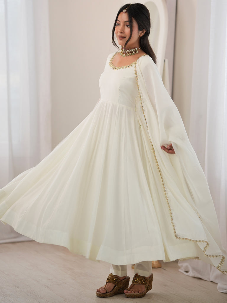 Alluring Off White Mirror Laced Chanderi Festive Wear Anarkali Suit