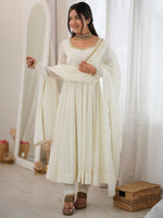 Alluring White Mirror Laced Chanderi Festive Wear Anarkali Suit