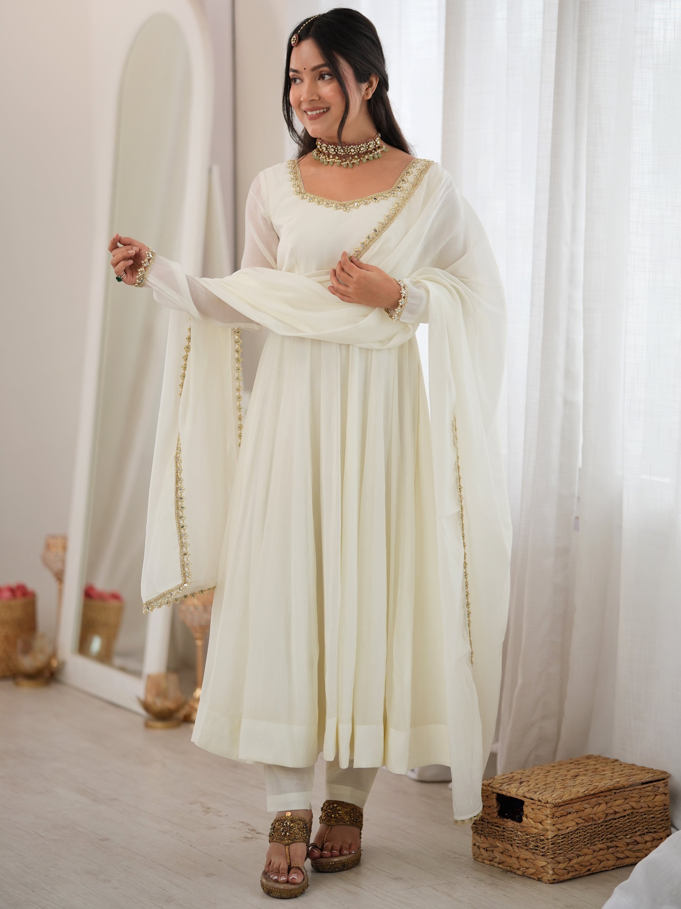 Alluring Off White Mirror Laced Chanderi Festive Wear Anarkali Suit