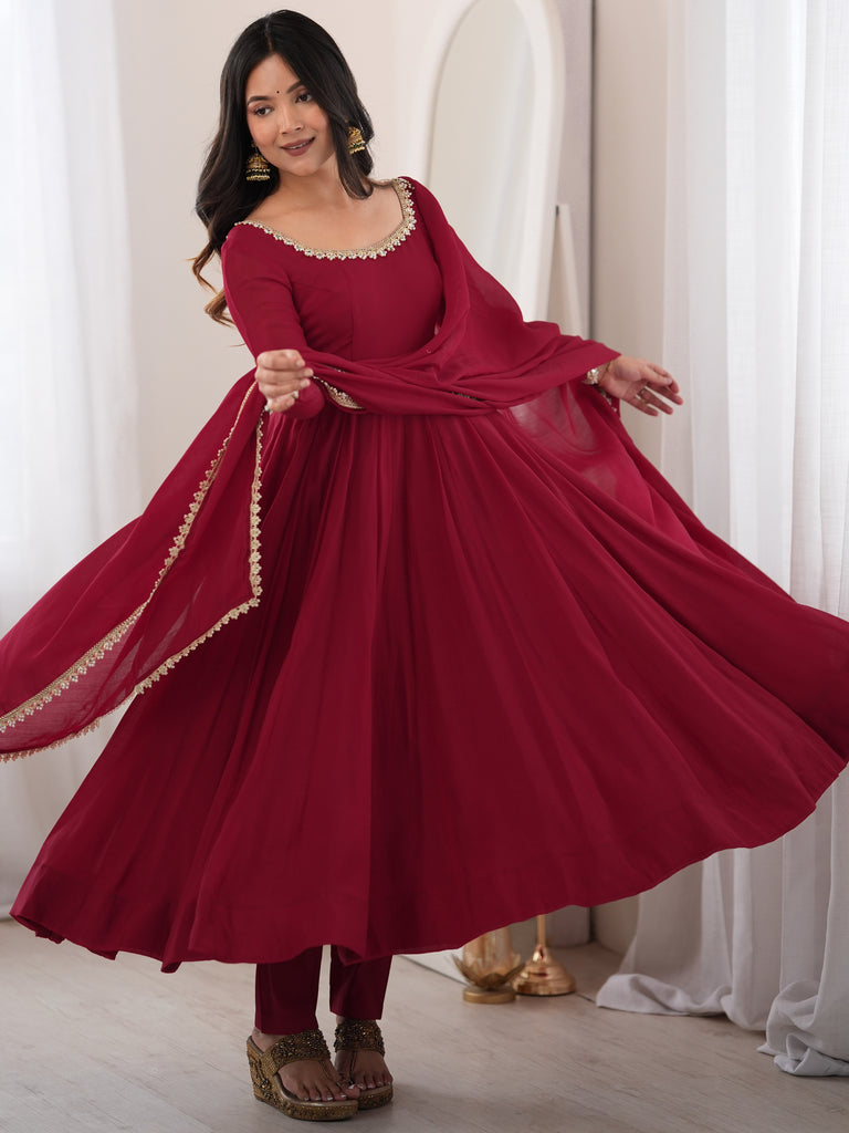 Wonderful Maroon Mirror Laced Chanderi Wedding Wear Anarkali Suit