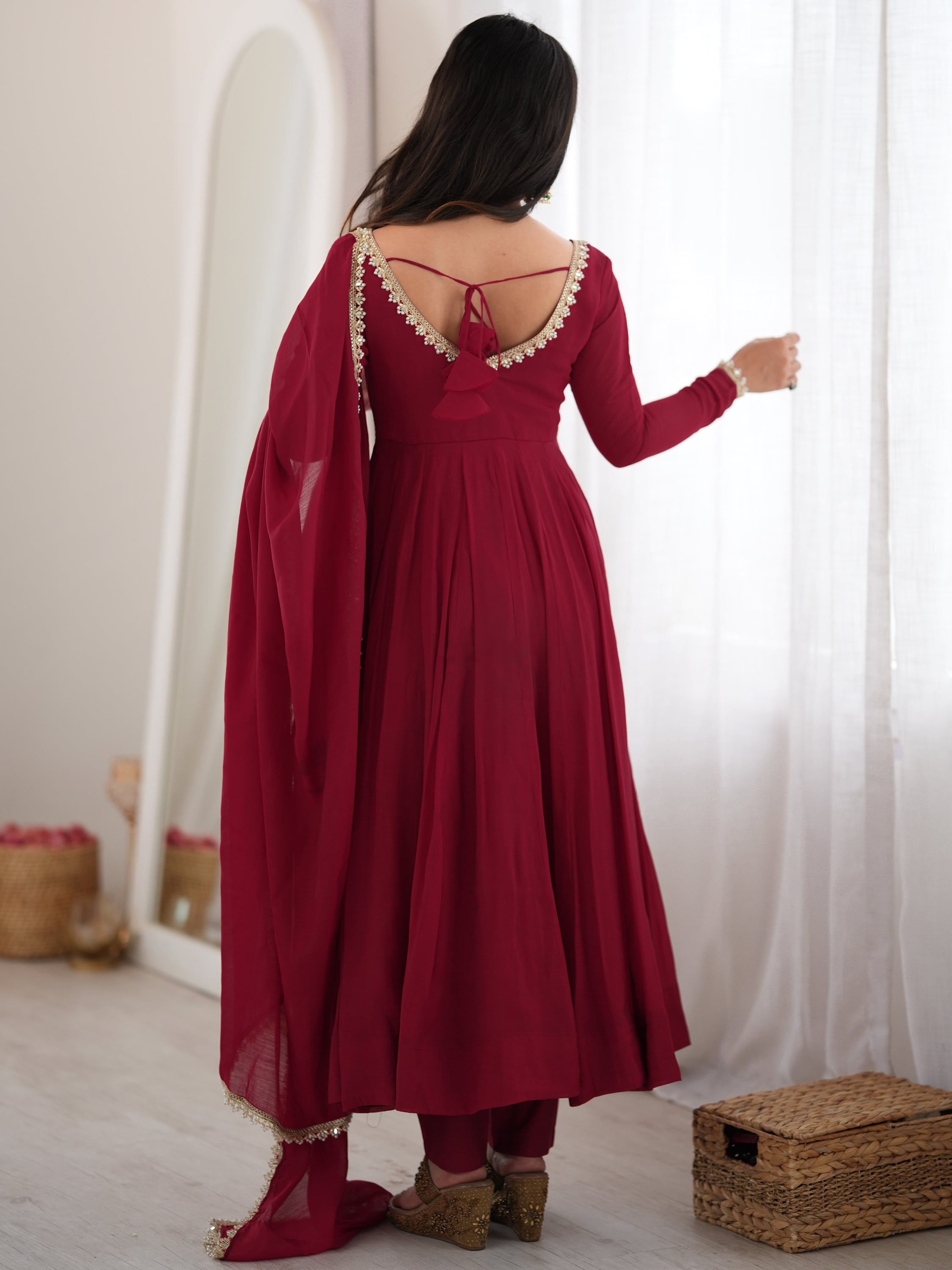 Wonderful Maroon Mirror Laced Chanderi Wedding Wear Anarkali Suit