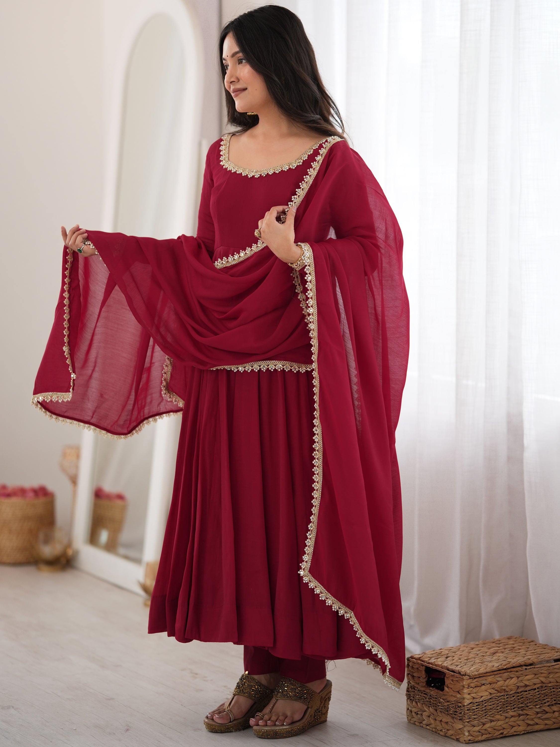 Wonderful Maroon Mirror Laced Chanderi Wedding Wear Anarkali Suit