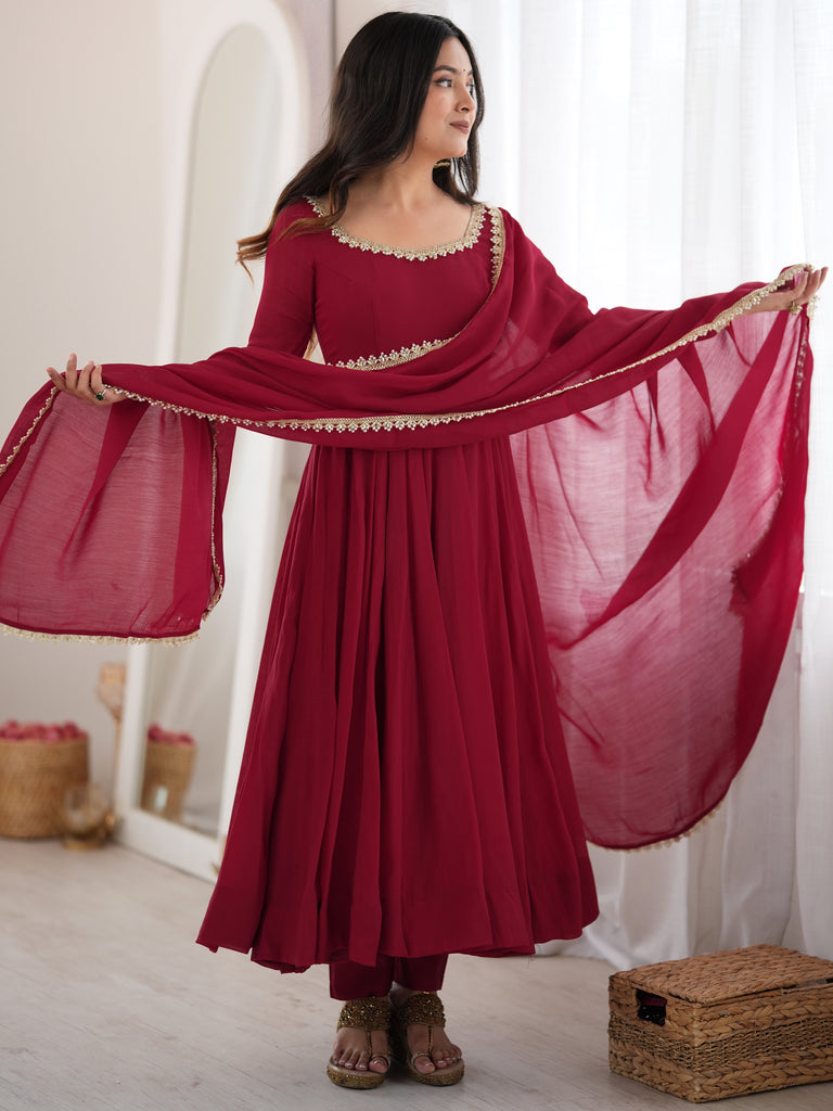 Wonderful Maroon Mirror Laced Chanderi Wedding Wear Anarkali Suit