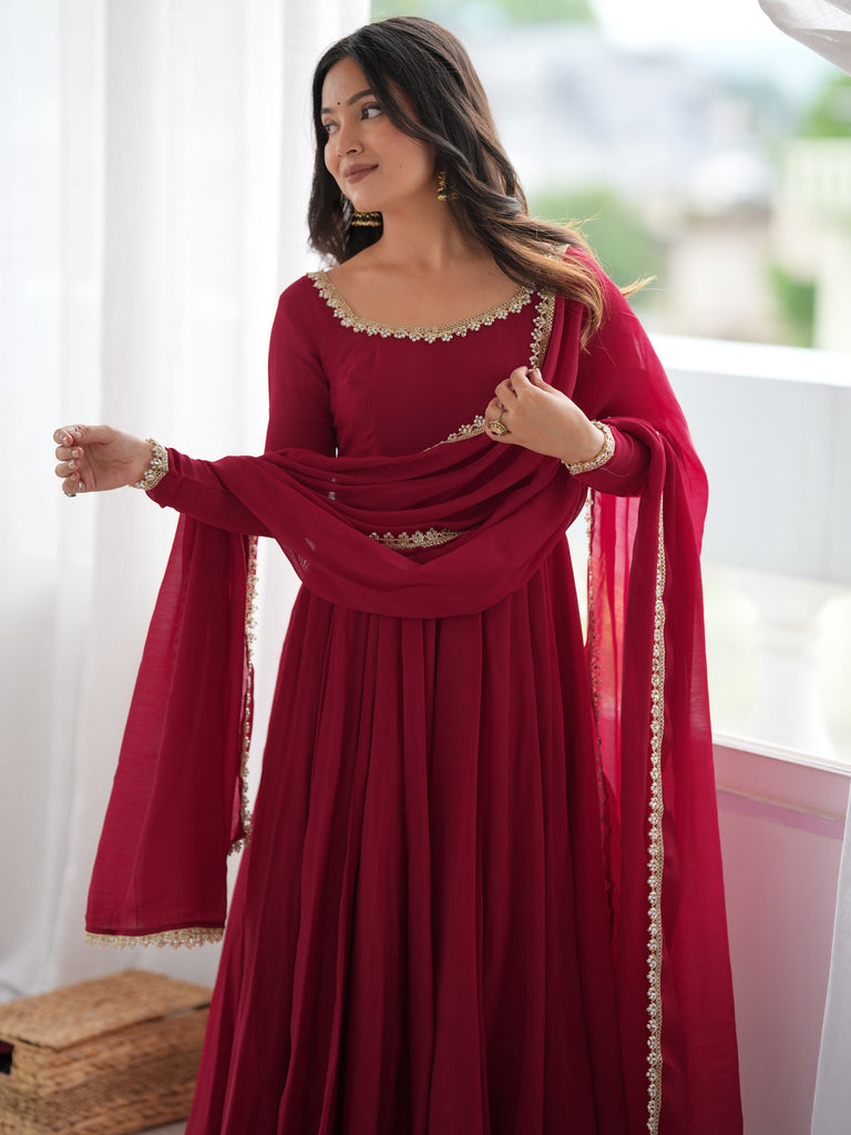 Wonderful Maroon Mirror Laced Chanderi Wedding Wear Anarkali Suit
