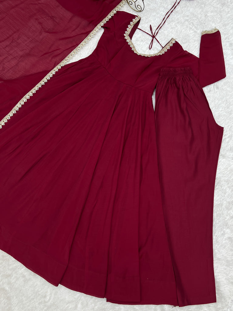 Wonderful Maroon Mirror Laced Chanderi Wedding Wear Anarkali Suit