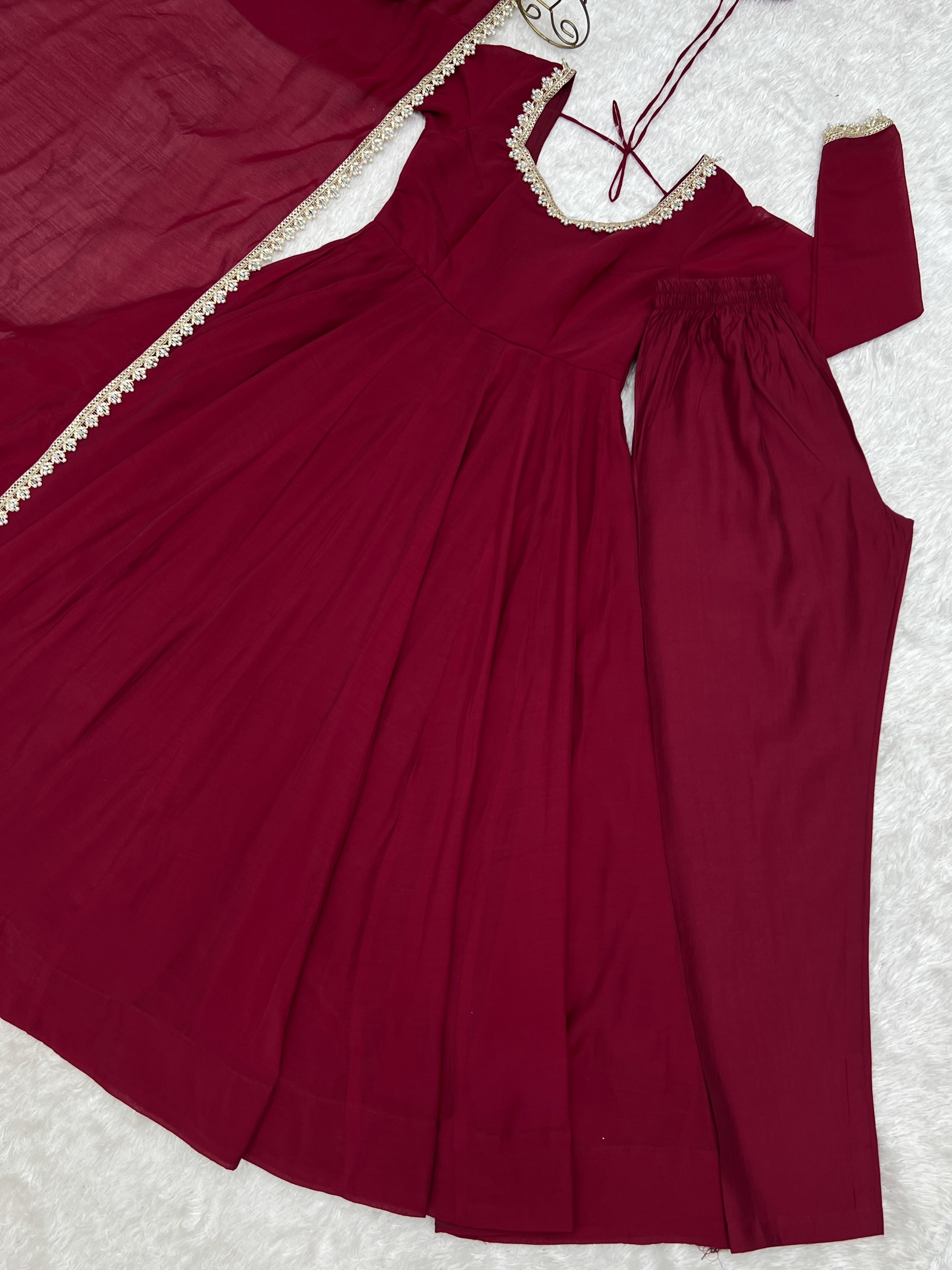 Wonderful Maroon Mirror Laced Chanderi Wedding Wear Anarkali Suit