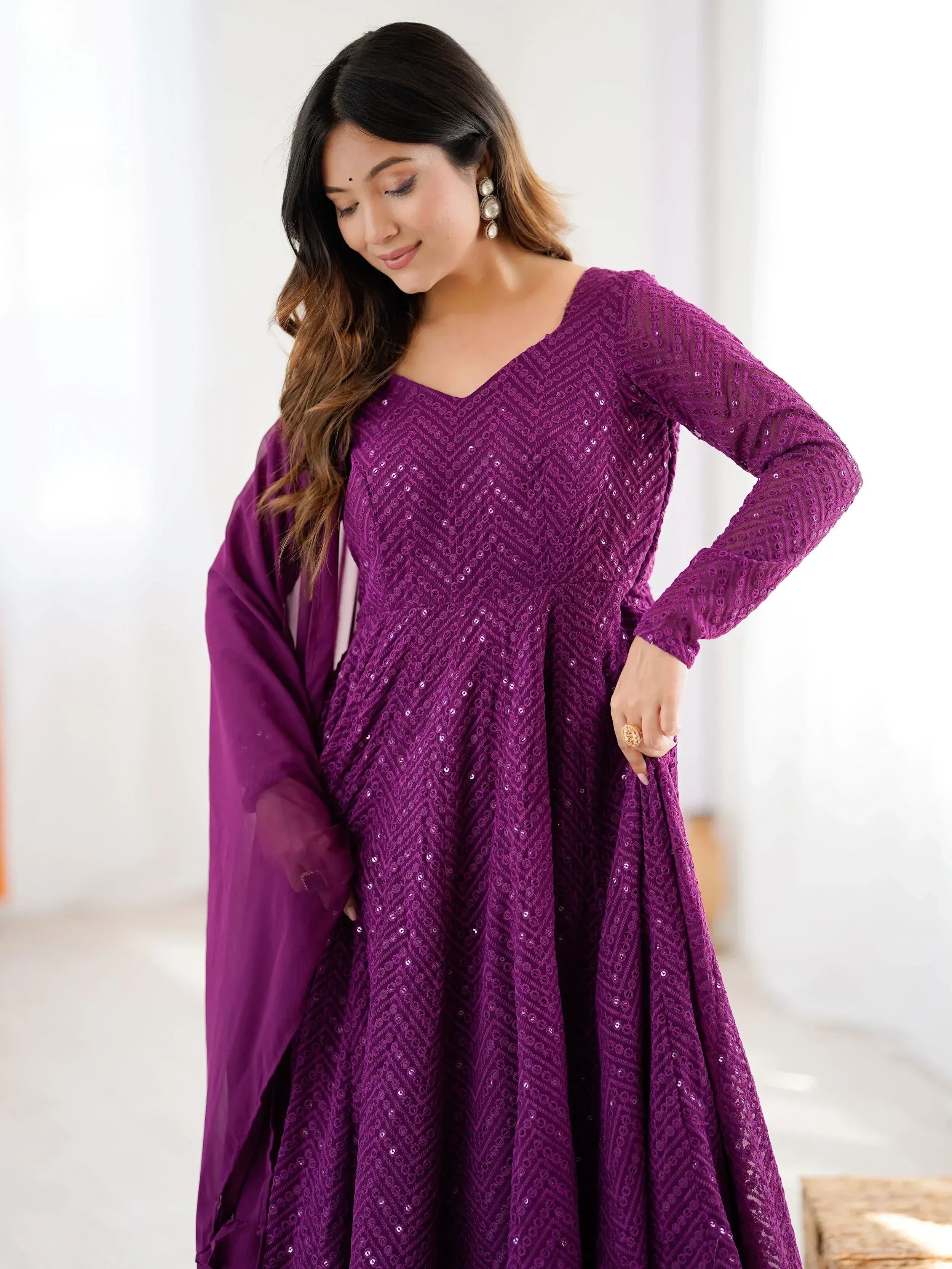 Purple sequin ethnic gown with matching dupatta, perfect for Indian festive occasions and parties