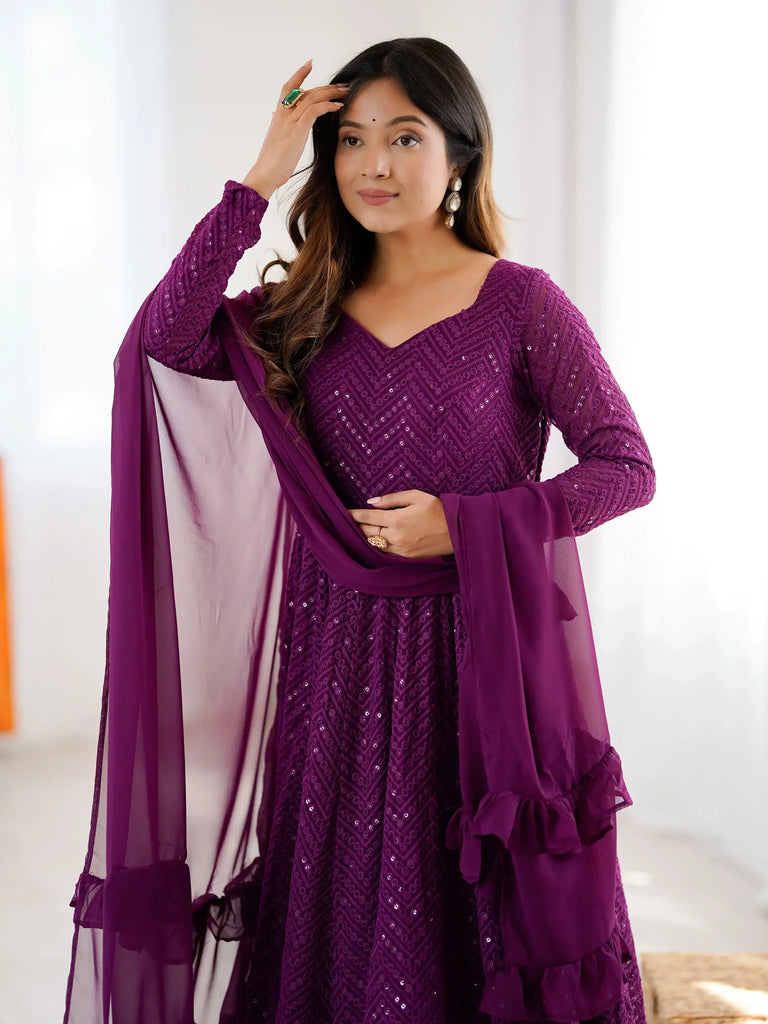 Regal Wine Georgette Lakhnavi Embroidered Festival Wear Anarkali Suit