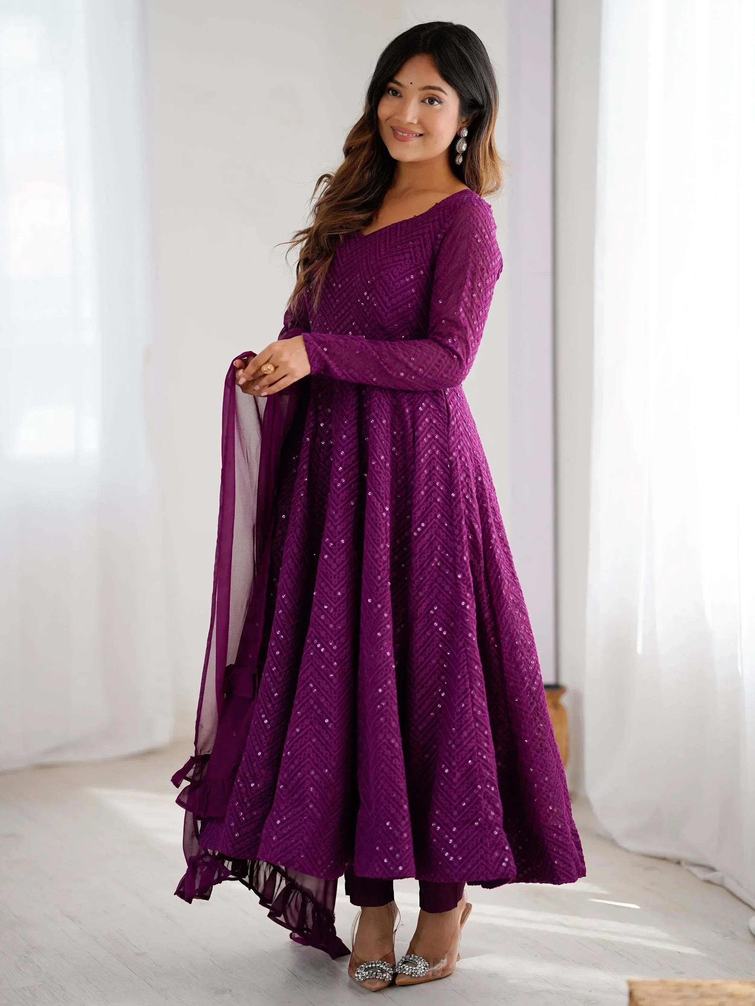 Purple sequin anarkali suit with dupatta, Indian ethnic wear for women