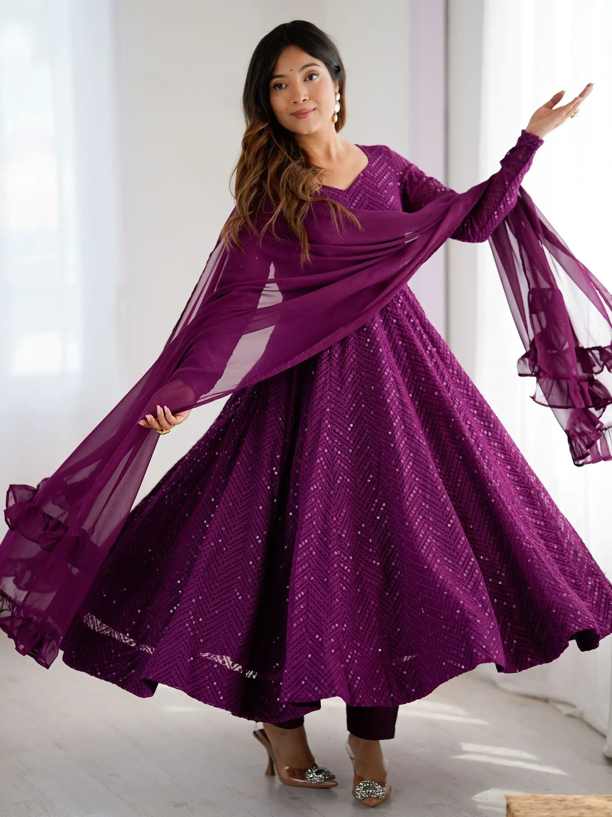 Purple sequin anarkali suit with sheer dupatta, ethnic Indian wear for women