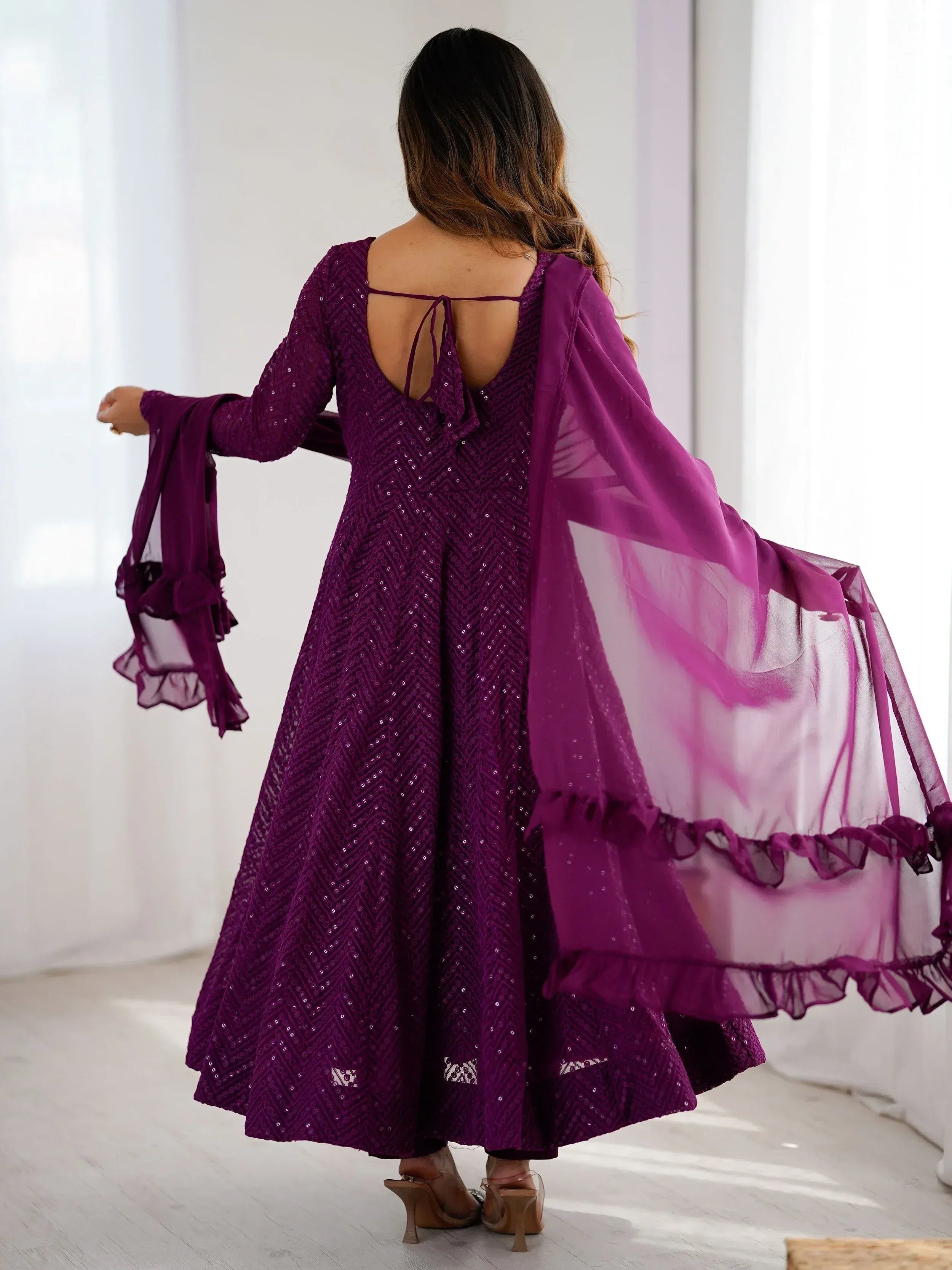 Purple sequin ethnic gown with back tie and sheer dupatta, Indian designer wear
