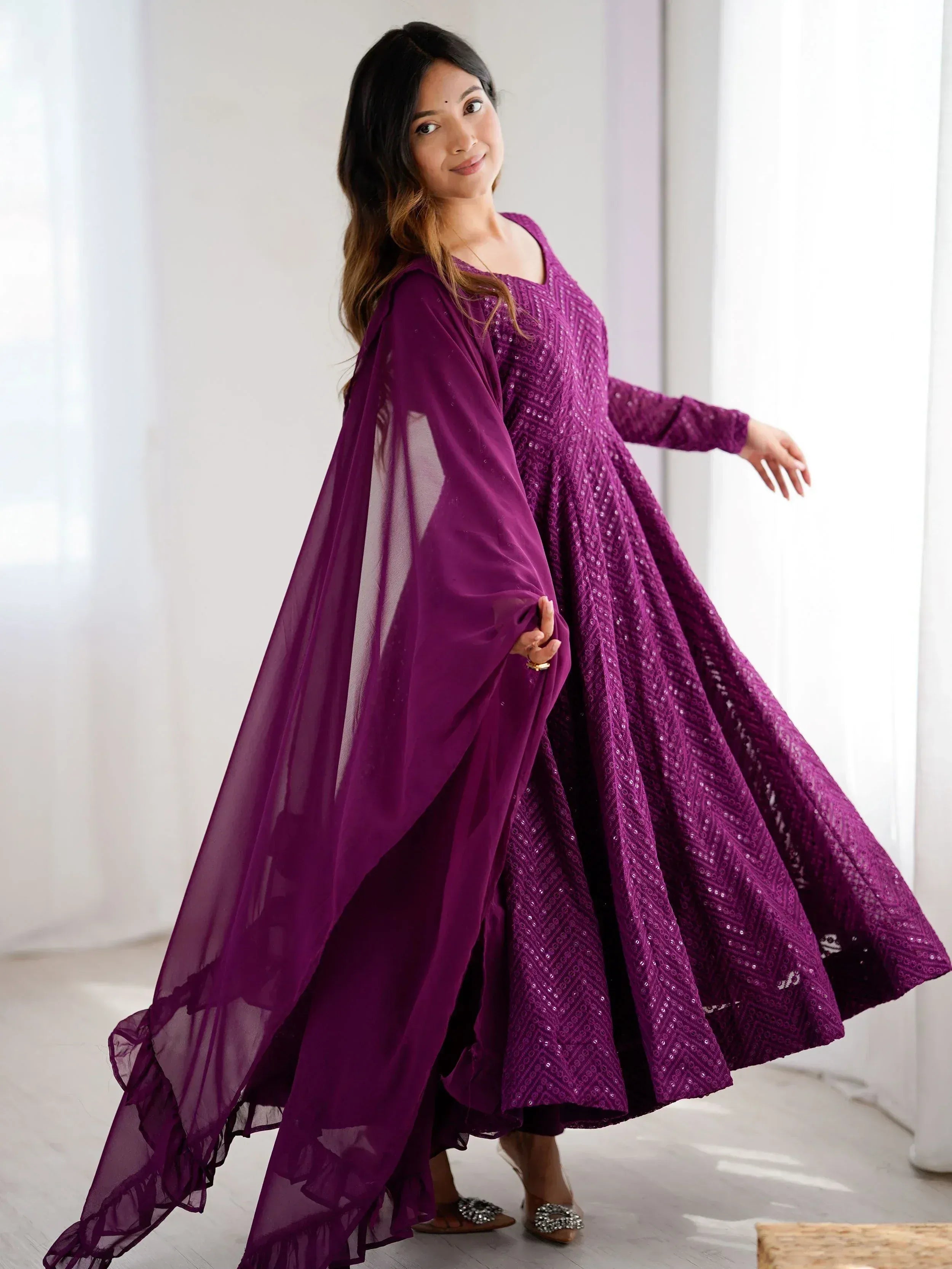 Purple sequin ethnic gown with sheer cape, perfect for Indian festive occasions and parties