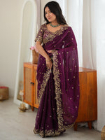 Premium Wine Sequins Silk Reception Wear Saree With Blouse