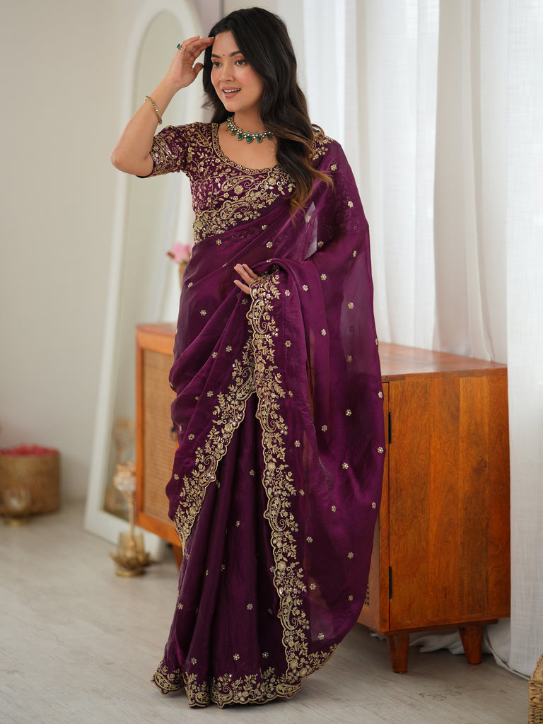 Premium Wine Sequins Silk Reception Wear Saree With Blouse