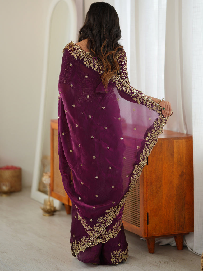 Premium Wine Sequins Silk Reception Wear Saree With Blouse