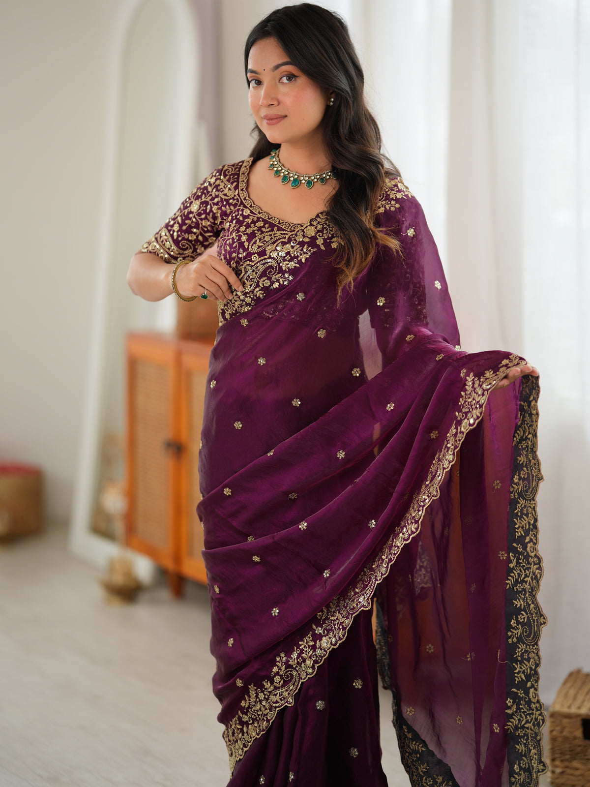 Premium Wine Sequins Silk Reception Wear Saree With Blouse