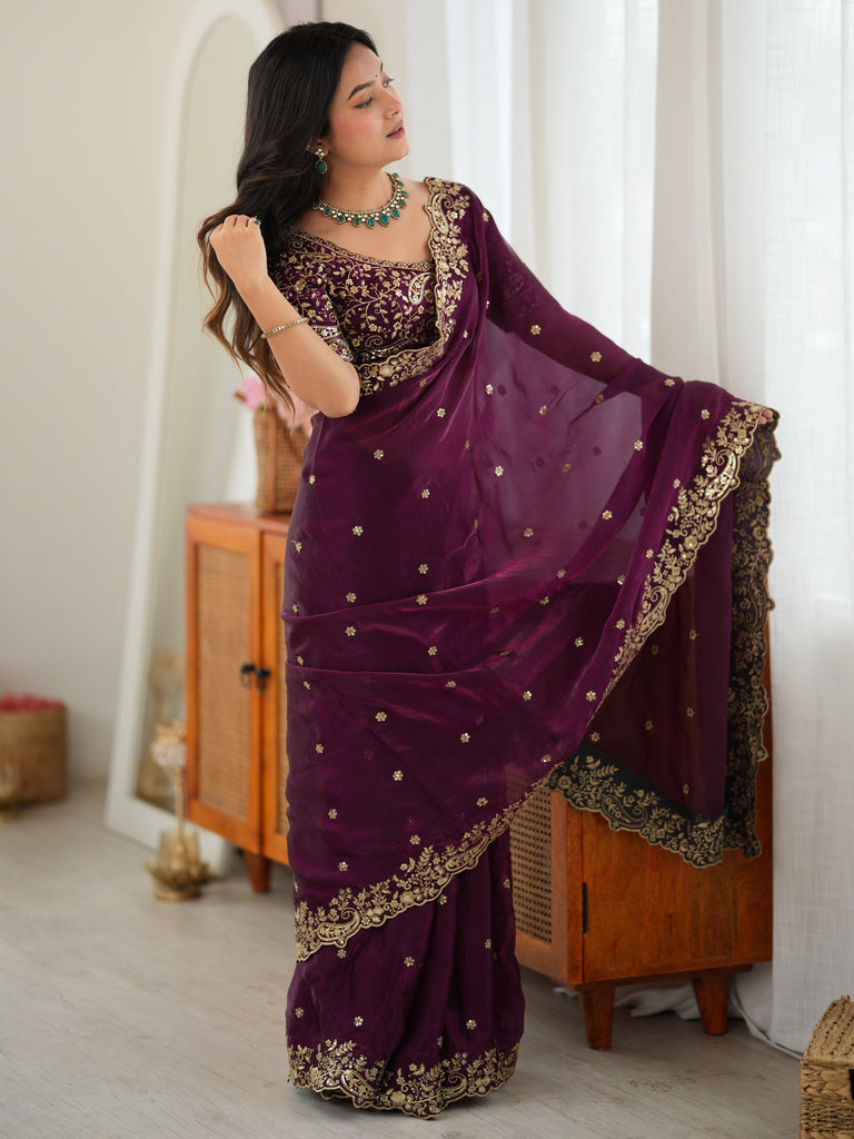 Premium Wine Sequins Silk Reception Wear Saree With Blouse