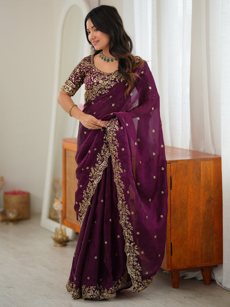 Premium Wine Sequins Silk Reception Wear Saree With Blouse