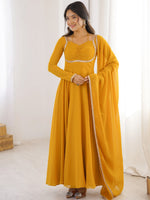 Precious Yellow Lace Work Georgette Haldi Wear Gown With Dupatta