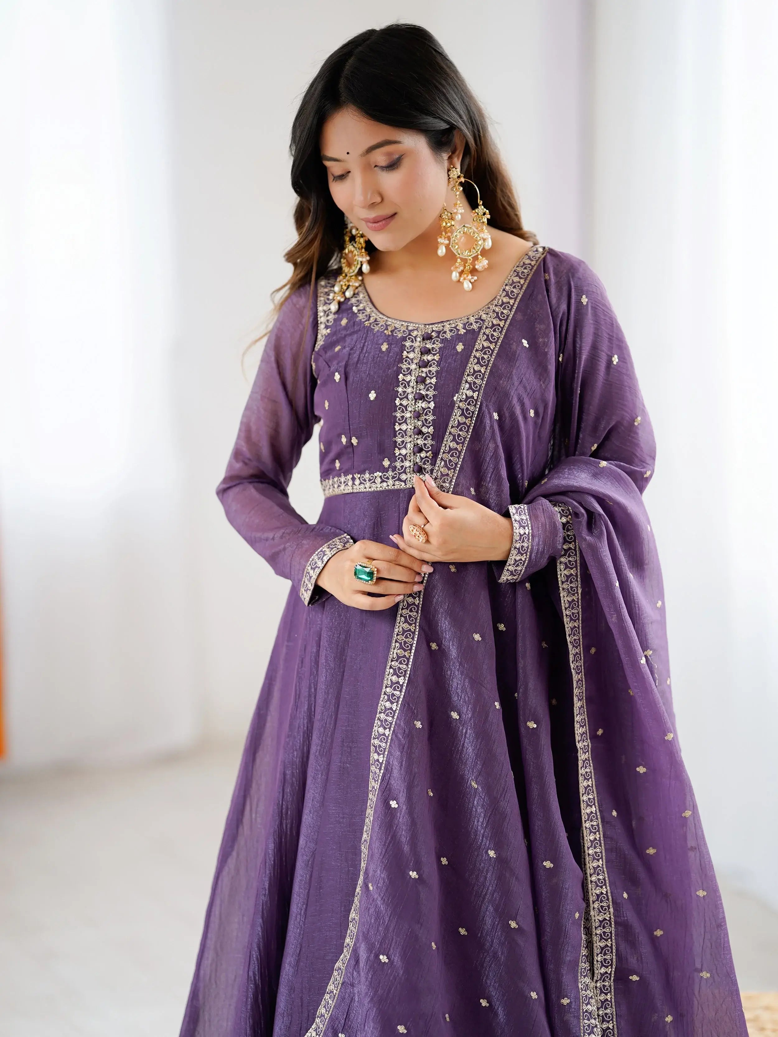 Fantastic Purple Sequins Silk Wedding Wear Anarkali Gown With Dupatta