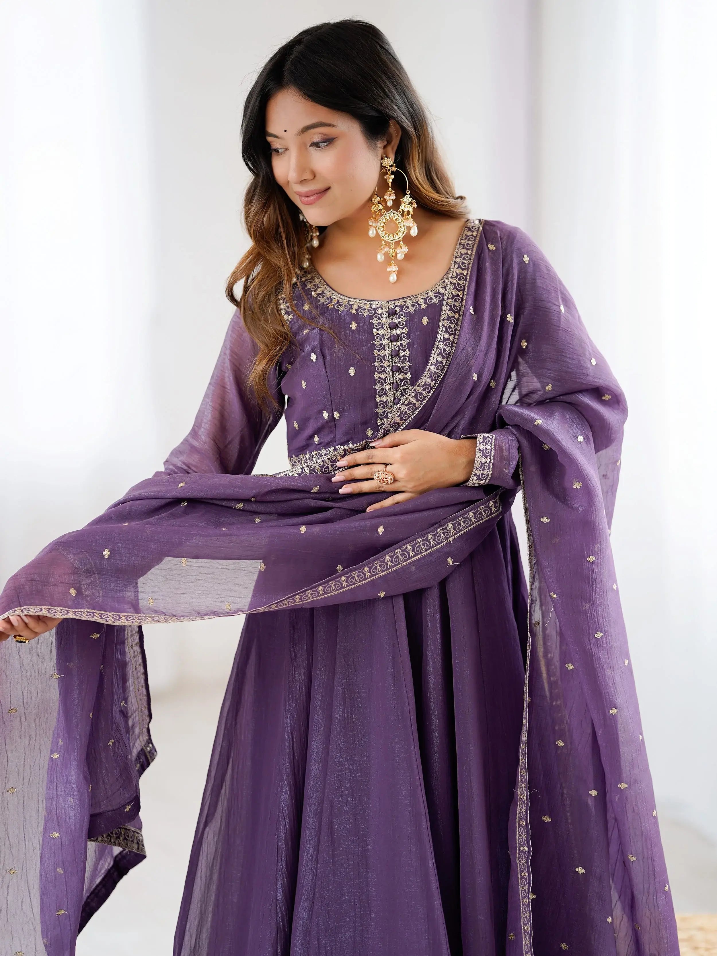Fantastic Purple Sequins Silk Wedding Wear Anarkali Gown With Dupatta