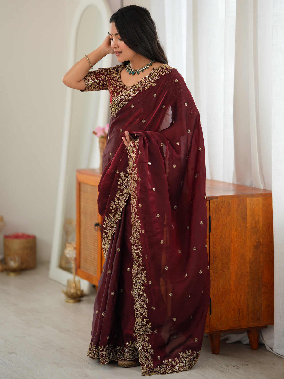 Royal Maroon Thread Work Silk Wedding Wear Saree With Blouse
