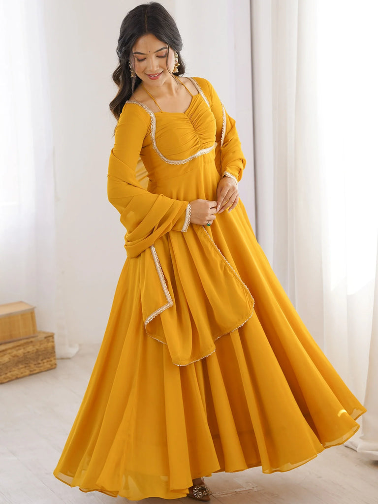 Precious Yellow Lace Work Georgette Haldi Wear Gown With Dupatta