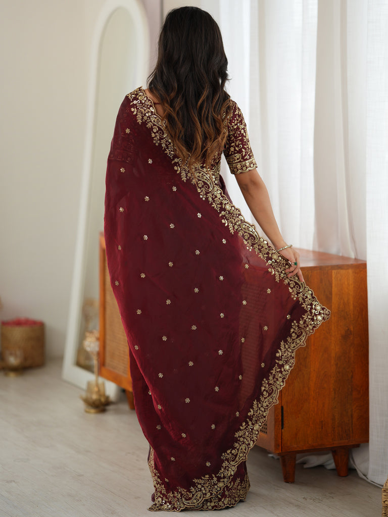 Royal Maroon Thread Work Silk Wedding Wear Saree With Blouse