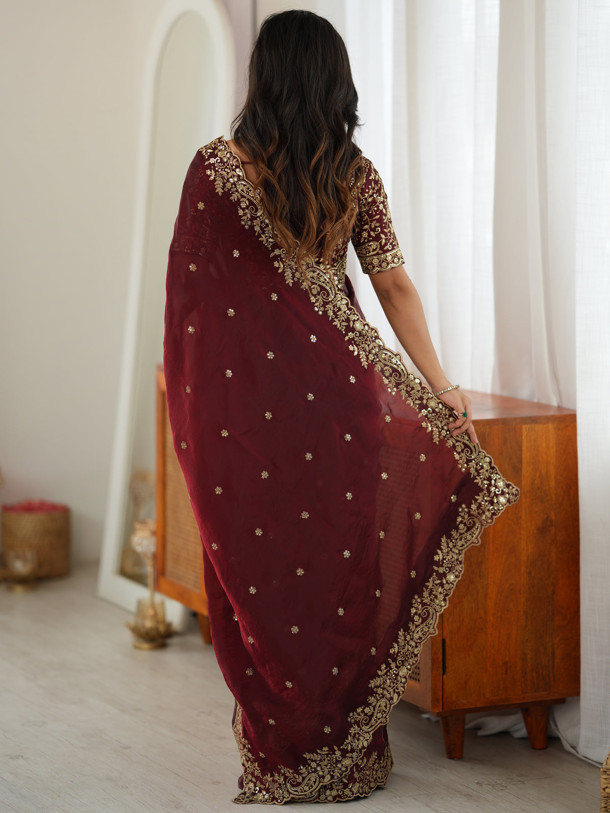 Royal Maroon Thread Work Silk Wedding Wear Saree With Blouse