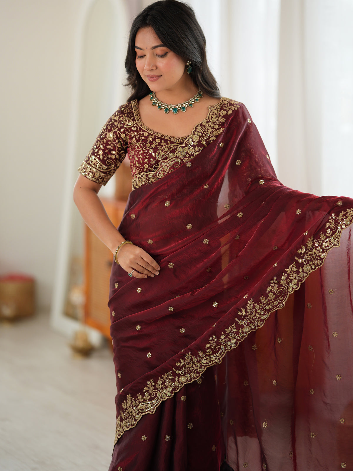 Royal Maroon Thread Work Silk Wedding Wear Saree With Blouse