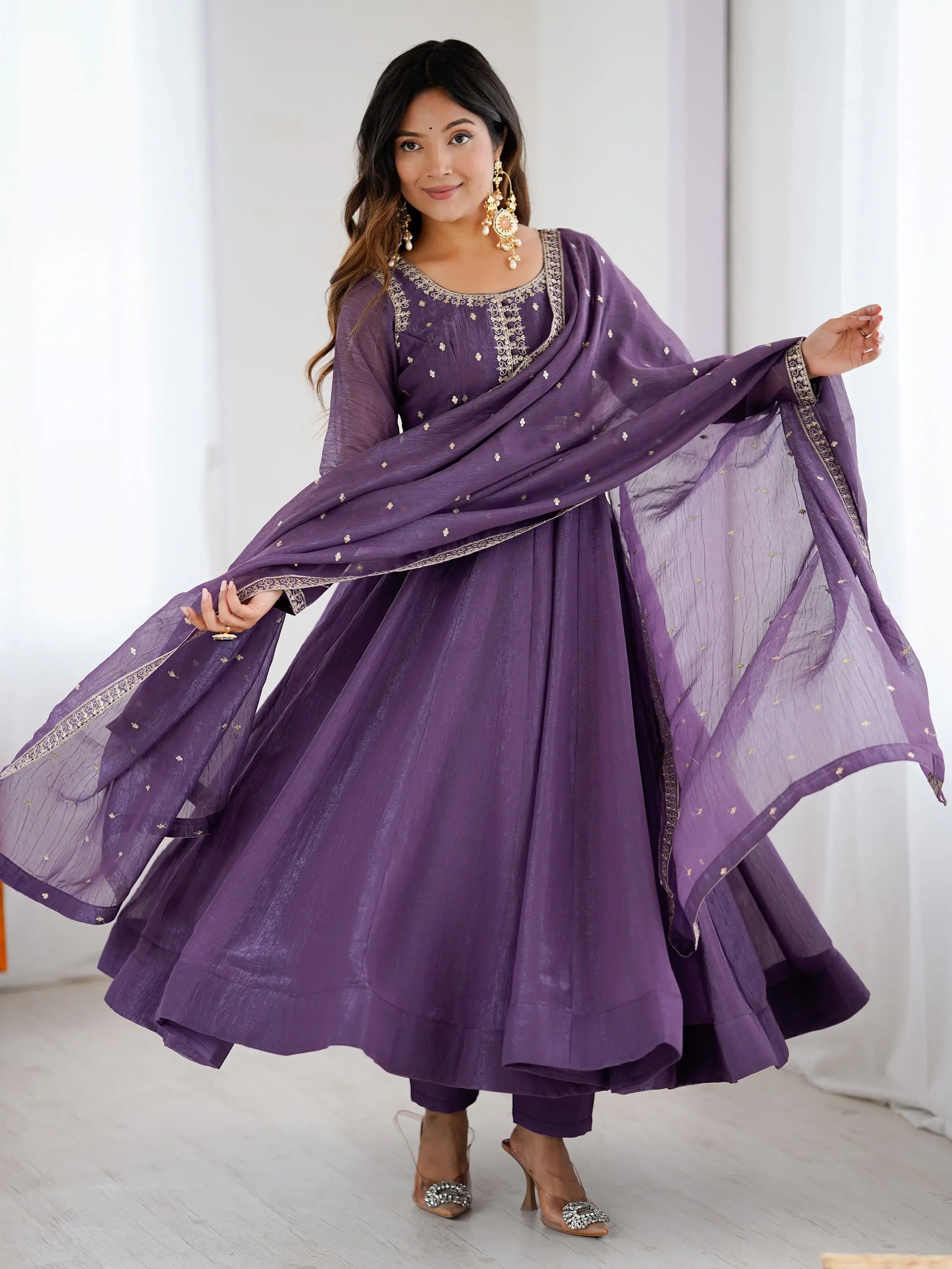 Fantastic Purple Sequins Silk Wedding Wear Anarkali Gown With Dupatta